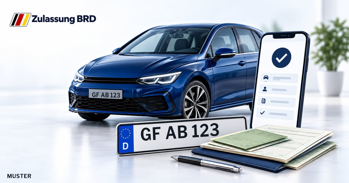 Online Fahrzeugzulassung in Wittingen: Musterkennzeichen GF AB 123, Auto und Fahrzeugpapiere und Smartphone. Illustration mit Logo von Zulassung BRD.